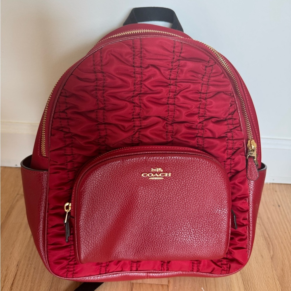 Coach Court Red Backpack with Ruching and Gold Details